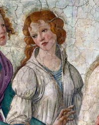 Venus en de Gratiën die geschenken aanbieden aan een jong meisje (detail). Fresco van Villa Lemmi. Schilderij door Sandro Botticelli (1444-1510)