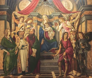 Altaarstuk, hoofdpaneel: tronende Madonna, vier engelen en heiligen