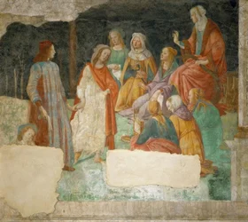 Een jongeman (Lorenzo Tornabuoni?) wordt door Minerva in de