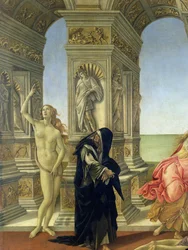 De Smaad van Apelles; detail van de naakte figuur van Waarheid die naar de hemel wijst en Boetvaardigheid in een gescheurde Dominicaanse pij, 1497-98 (detail)