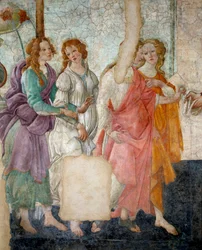 Venus en de Gratiën bieden een jonge vrouw geschenken aan, detail van een scène die de Gratiën voorstelt. Fresco van Villa Lemmi