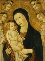 De Madonna en Kind, met Heiligen Antonius Abt en Bernadino van Siena, omringd door Engelen