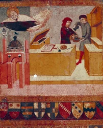 De camerlinguist wast symbolisch zijn handen terwijl de welwillende en beschermende Maagd over de stad Siena vliegt (detail). Houtschilderij door Sano di Pietro (1406-1481) decoratie van een Biccherna (omslag van het boekhoudregister van de stad Siena) 145
