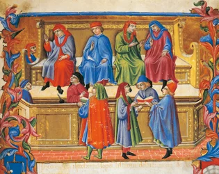 Handelstribunaal miniatuur uit Statuten van de Kooplieden door Sano di Pietro (1472), Italië 15e eeuw