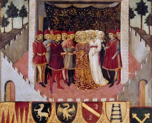 Huwelijksceremonie van een adellijk paar uit de stad Siena. Schilderij door Sano di Pietro (1406-1481) decoratie van een Biccherna (omslag van het boekhoudregister van de stad Siena) 1473. Siena Archivio di Stato, Italië