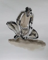 Peinzende, gehurkte figuur