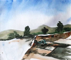 Aquarel: Bergweerspiegelingen