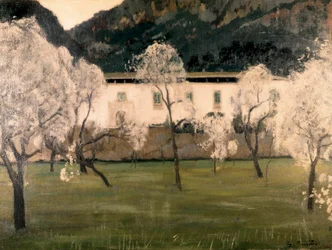 Landschap met bloemen in bomen. Schilderij door Santiago Rusinol y Prats (1861-1931).