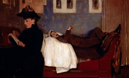 Het atelier in Parijs. De personage laag is waarschijnlijk Miguel Utrillo (1862-1934). Schilderij door Santiago Rusinol y (i) Prats (1861-1931)