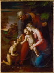 Heilige Familie met jonge Johannes Baptist (schilderij op populierenhout)