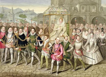 Koningin Elizabeth I in optocht met haar hovelingen (ca. 1600), uit 