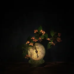 Donker bloemenstilleven met weegschaal