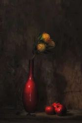 Bloemstilleven met rode vaas