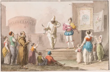 Tekening, aquarel; Vertolkers van een Commedia dell