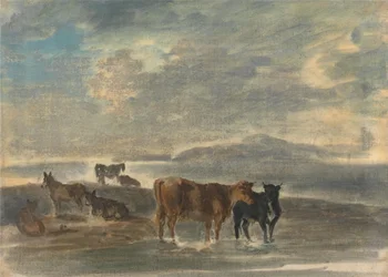Paarden en koeien in een heuvelachtig landschap