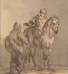 Twee Mensen: Eén Staand, Eén Zittend op een Paard