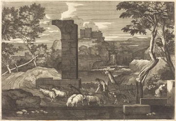 Landschap met boer en zijn kudde