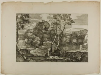 Landschap met een dode man en twee priesters