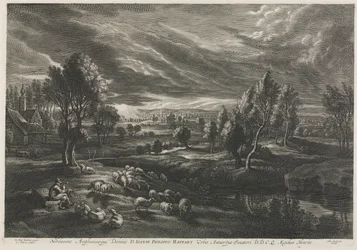 Landschap met herder die een fluit speelt