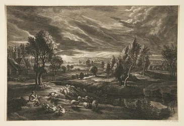 Herder en schapen bij zonsondergang