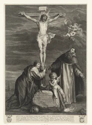 Christus aan het kruis met heiligen Catharina van Siena en Dominicus onder het kruis