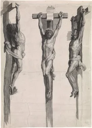 Christus aan het kruis tussen de twee gekruisigde misdadigers
