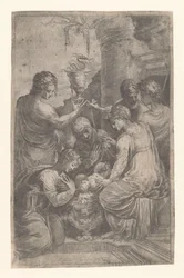 Christus in de kribbe met heiligen