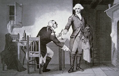 Amerikaanse verrader: Generaal Benedict Arnold geeft Andre opdracht om papieren in zijn laars te verstoppen