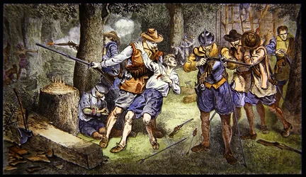 Het verdedigen van de nederzetting tegen een Indiaanse aanval in de kolonie Jamestown, Virginia in 1607