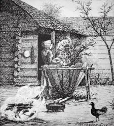 Boerenscène - een vrouw bij een wasvat, naar een illustratie van J. S. Hodgson