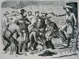 Vier bandieten overmeesteren en plunderen twee officieren en zeven soldaten nabij Bismarck, Dakota Territory, uit de 