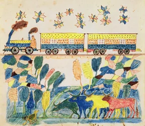 Goederentrein en landschap met vee