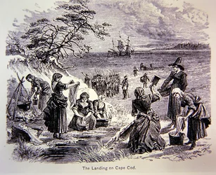 Pilgrim Fathers landen in Amerika in 1620 - De landing bij Cape Cod toont vrouwen aan het werk