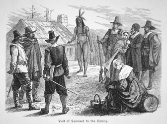 Samoset, hoofd van de Pemaquids bezoekt de Pilgrim Fathers in 1621