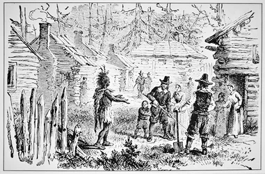 Samoset, hoofd van de Pemaquids bezoekt de Pilgrim Fathers in 1621