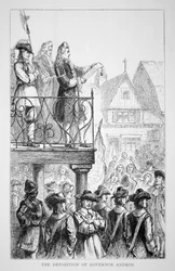 Sir Edmund Andros verkondigt het Dominion of New England in 1686 met zichzelf als gouverneur