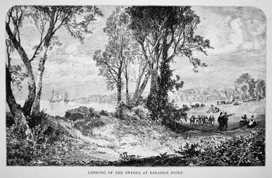 Zweedse kolonisten landen bij Paradise Point aan de Delaware River in 1638