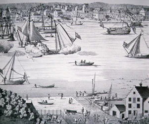 Uitzicht op de East River, New York ca. 1750 met een scheepsbouwcentrum (litho)