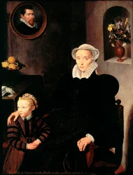 Portret van de vrouw van de Antwerpse smid en schilder Quenston met haar kind. De moeder, in het zwart gekleed, draagt een kraag en een hoofdtooi. Schilderij van de Antwerpse school, 1576, afmetingen 136 x 108 cm, Parijs, Musée du Louvre