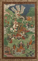 Kapsel en andere scènes. Thangka uit een vervolg gewijd aan de belangrijkste episodes uit het leven van de Boeddha.