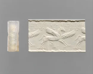 Cilinderzegel en moderne indruk: gevleugeld paard met klauwen en hoorns, ca. 14e-13e eeuw v.Chr. (chalcedoon)