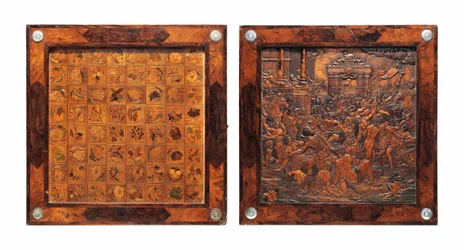 Een Boheemse zilver-gemonteerde reliëf-gesneden fruitbomen marqueterie en walnoot opvouwbare spelletjesdoos
