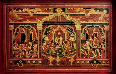 Detail van een manuscriptkist uit Myanmar