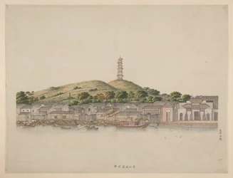 Een serie aquarelschetsen van plaatsen aan de monding van de Parelrivier