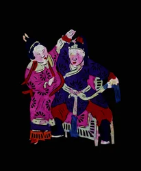 Een paar dat vechtkunst beoefent. Beschilderd papier of "Jian Zhi", Chinese volkskunst, Leonard de Selva, China, 2006.