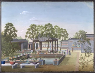 Tekening van de tuin van een Chinese koopman