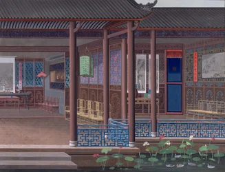 Tekening van het interieur van het huis van een Chinese ambtenaar