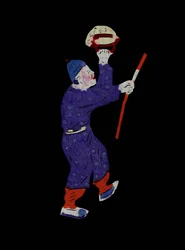 Karakter uit het dagelijks leven, dat een mand en een stok draagt. Geschilderd papierknipsel of "Jian Zhi", Chinese volkskunst, Pekin.