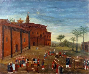 Chinese kunst: scènes van marteling en executies van gevangenen. 19e-eeuwse schilderij