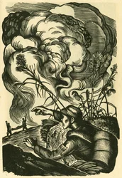 Kameraad, allemaal samen, Liu Lun oorlogsscène. Houtgravure, in "Houtsneden van oorlogstijd China 1937-1945", Shanghai